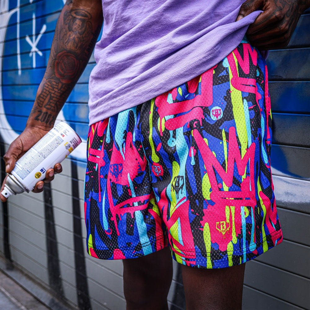 Graffiti Crown Mesh Shorts - Multi-Color Spray Paint Design, Baseball Lifestyle