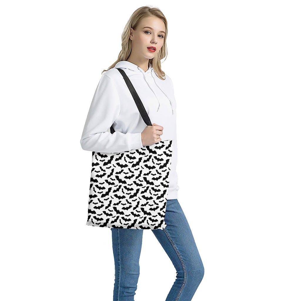 White and Black Halloween Bat Print Polyester Tote Bag