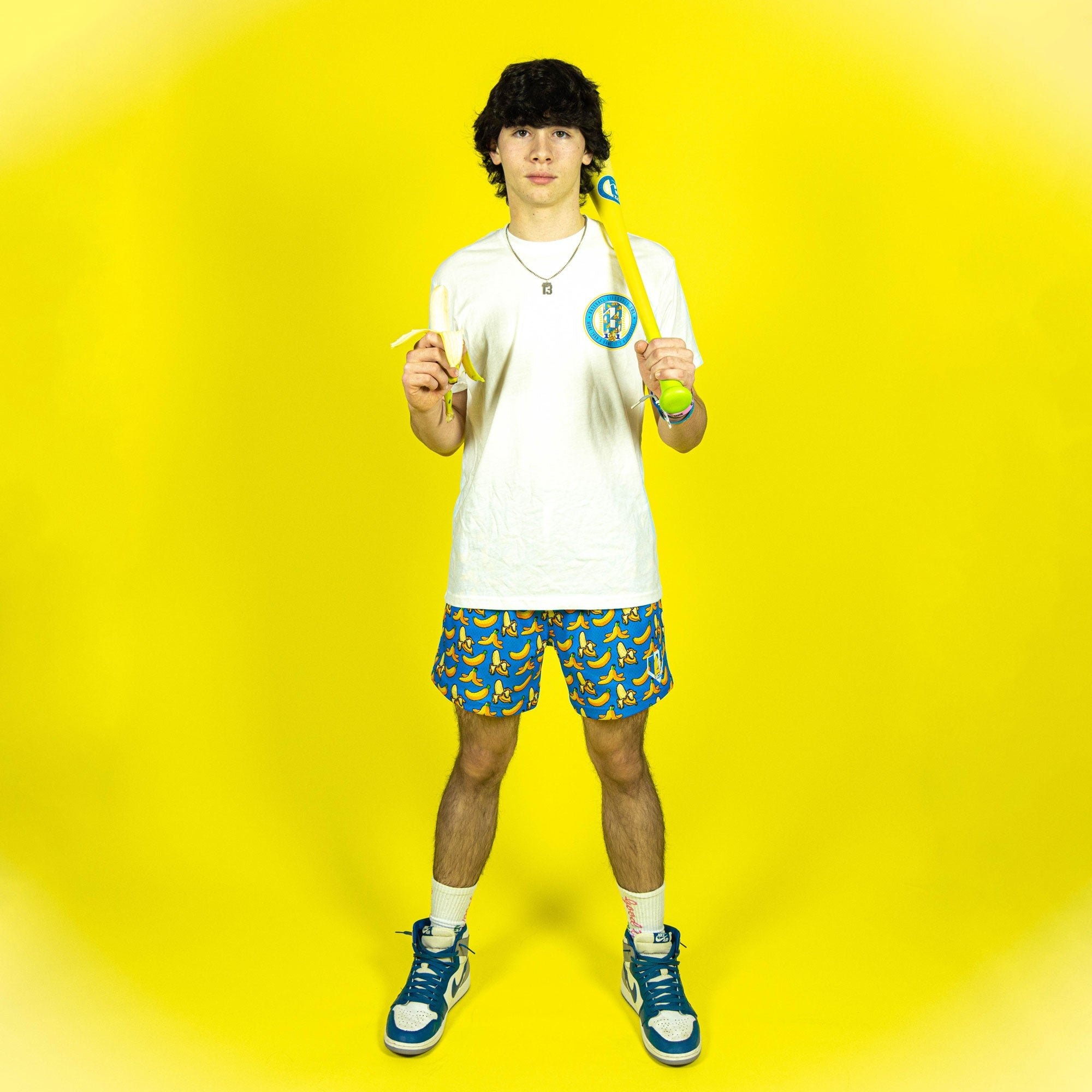 Banana Print Mesh Shorts - Blue, Baseball Lifestyle, 5" Inseam