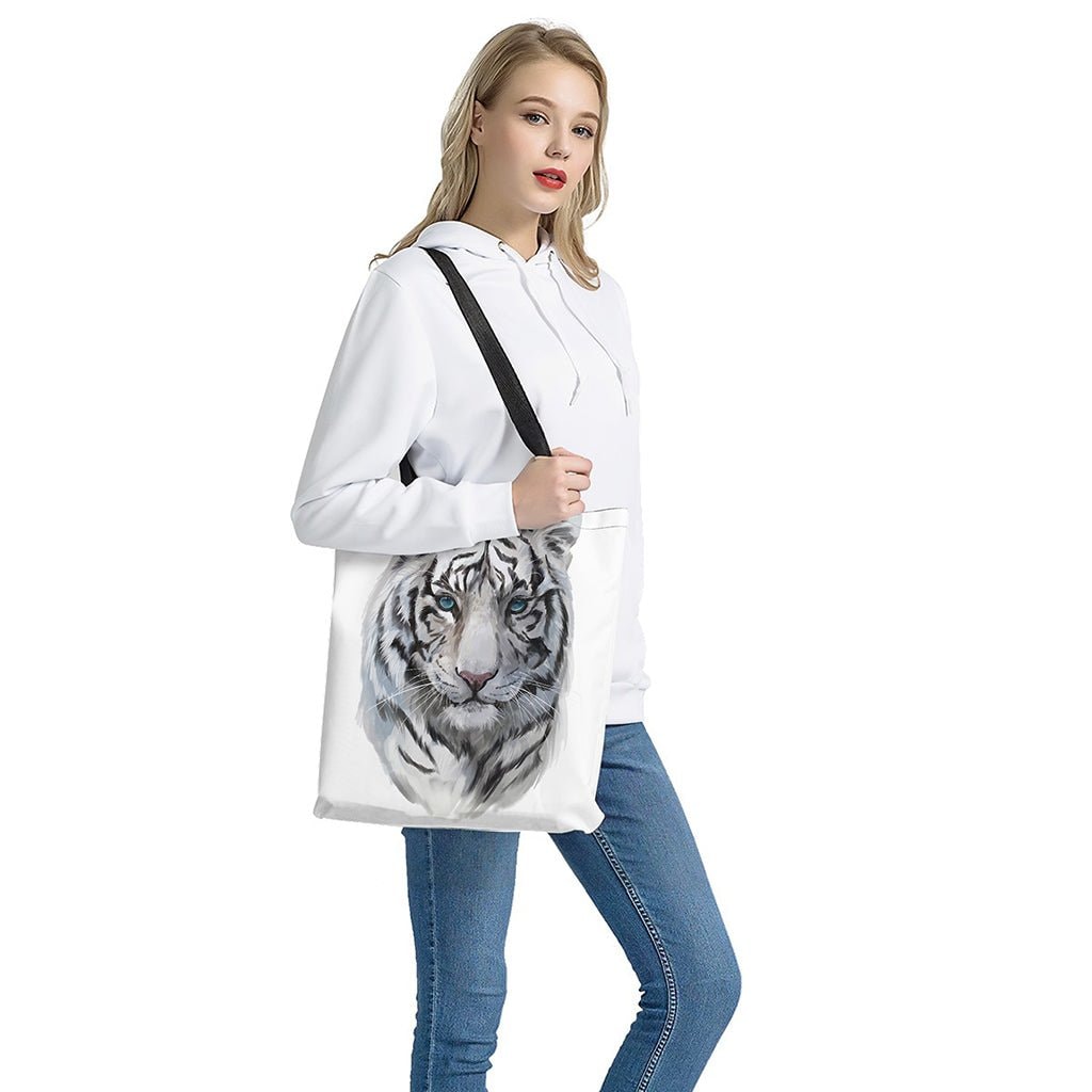 Watercolor White Bengal Tiger Print Tote Bag - Polyester Double-Sided Lightweight