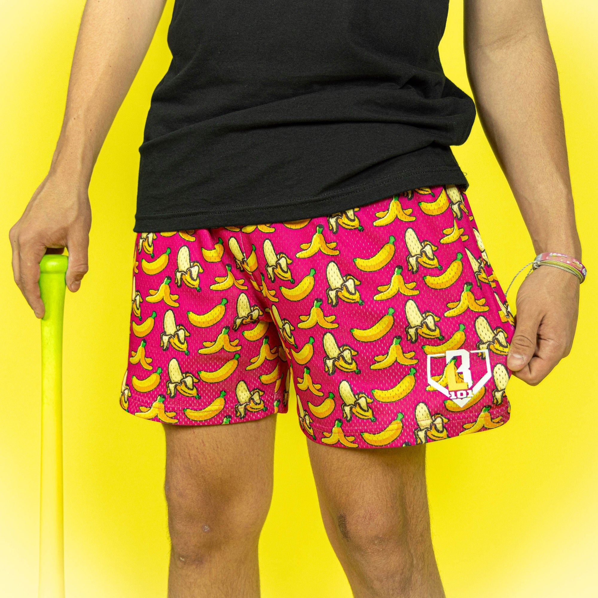 Banana Print Pink Mesh Shorts - Baseball Lifestyle, 5" Inseam, Pockets