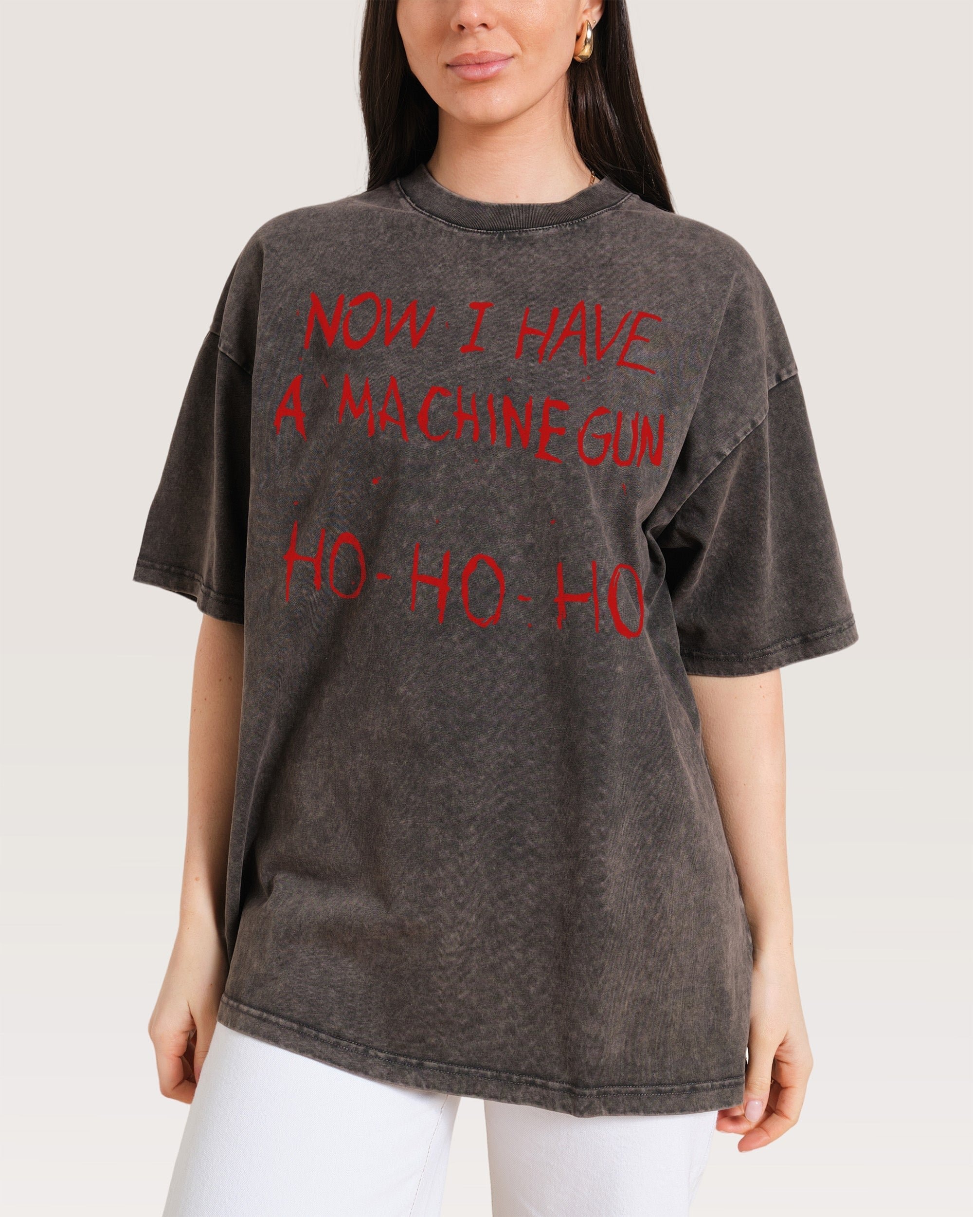 Machine Gun Ho-Ho-Ho Oversized Graphic Tee - Unisex 90s Boxy Fit 100% Combed Cotton